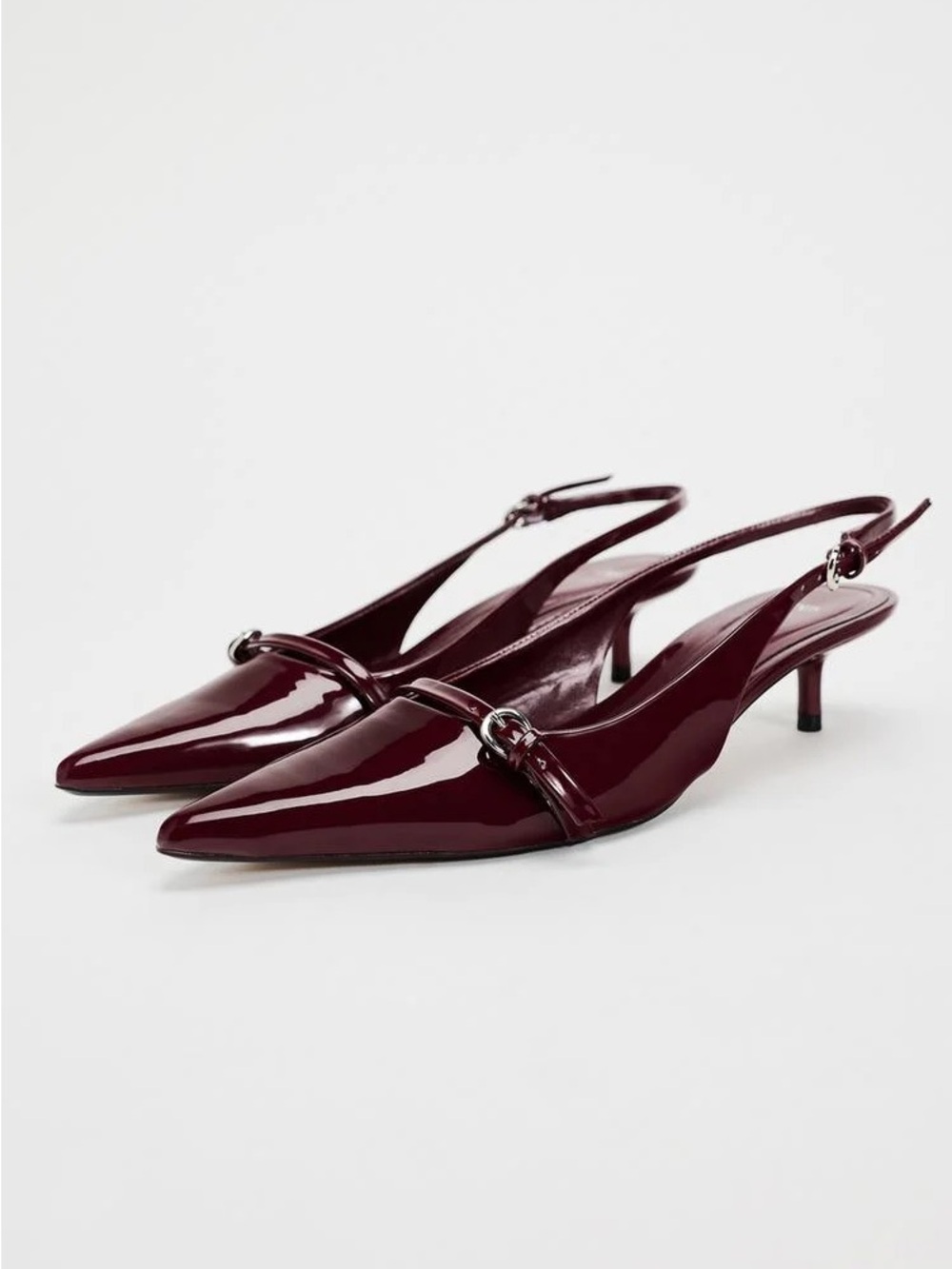 Zara Burgundy Patent Pointed Slingback Kitten Heels